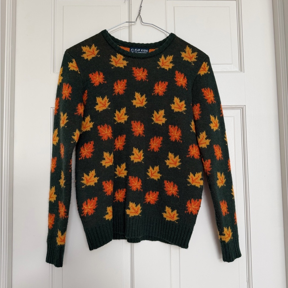 Kiel James Patrick Green Sweater with Orange and Yellow Leaf Pattern